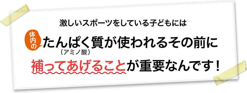 たんぱく質が使われる前に補ってあげることが重要になります。特に激しいスポーツをしている子どもには。