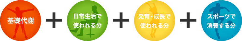 基礎代謝+日常生活で使われる分+発育・成長で使われる分+スポーツで消費する分